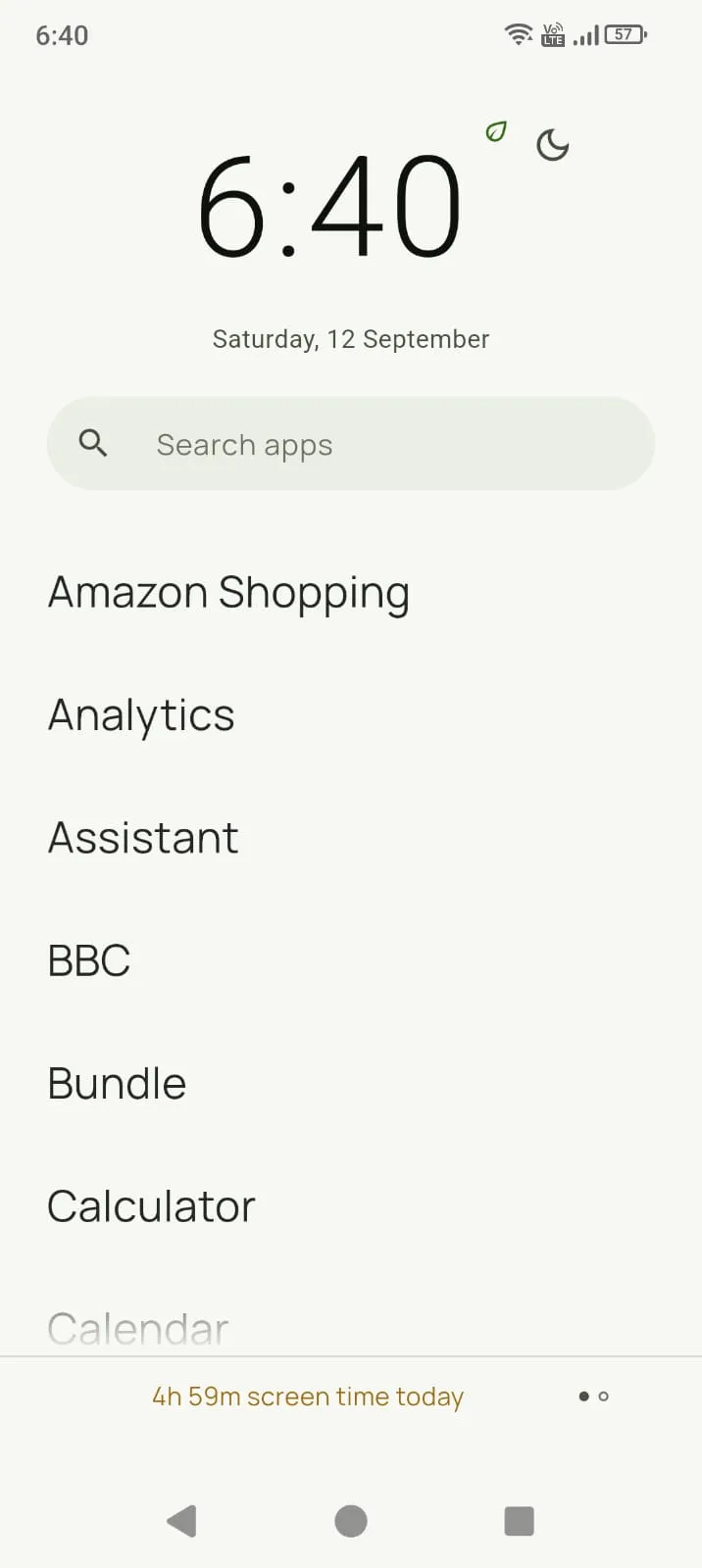 Home screen — clock, search and a plain app list