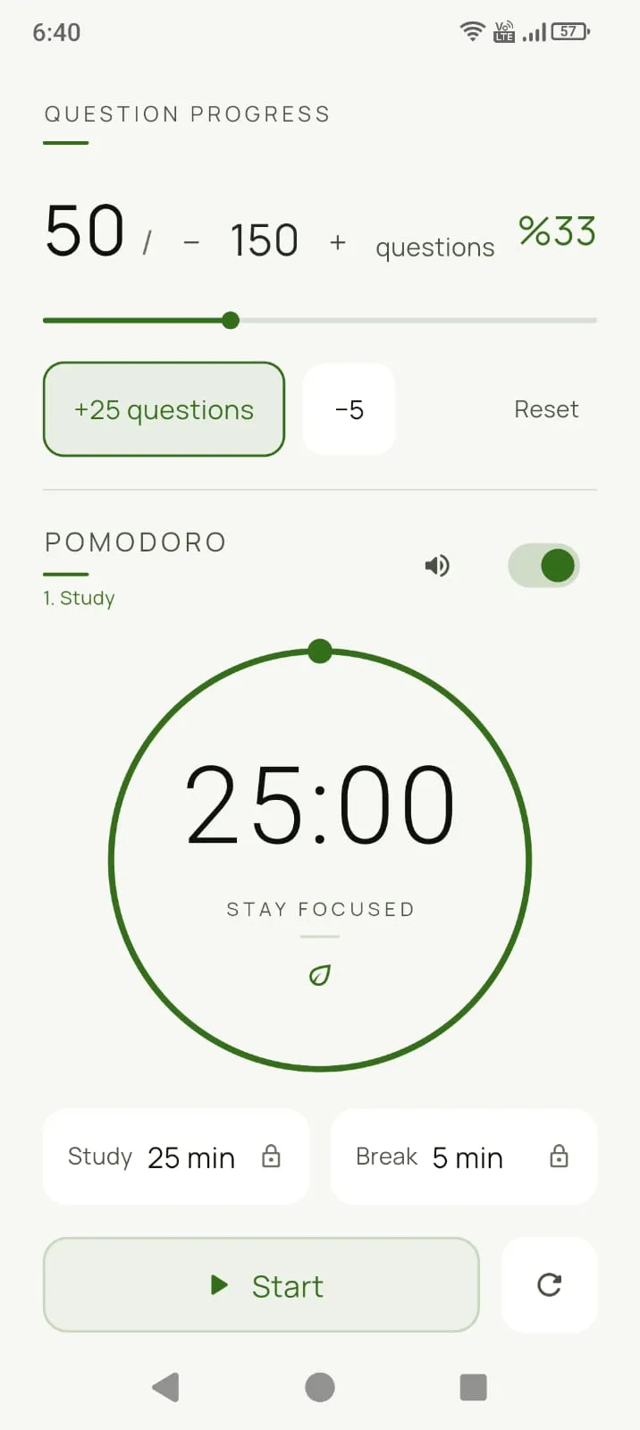 Study page — solved questions and a ready-made pomodoro