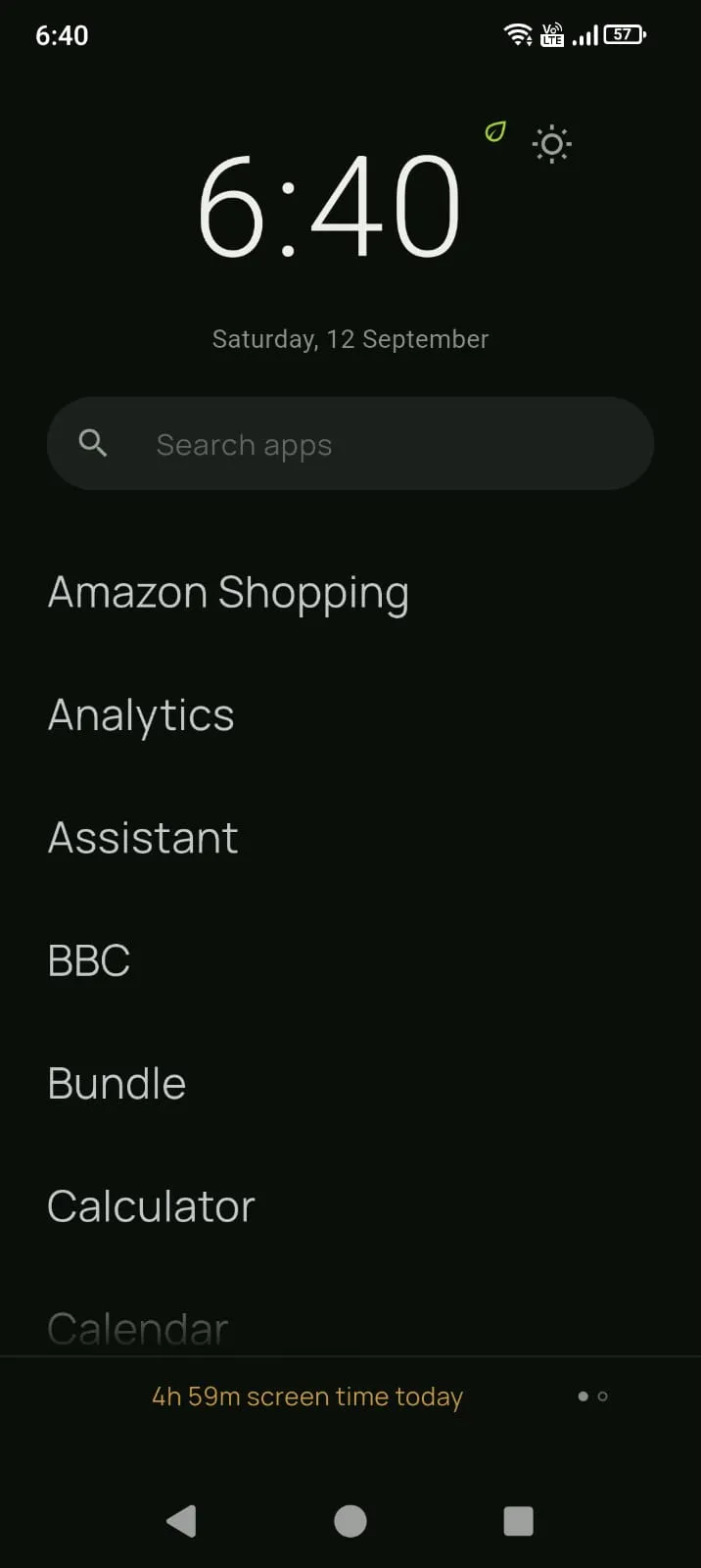 Home screen — clock, search and a plain app list