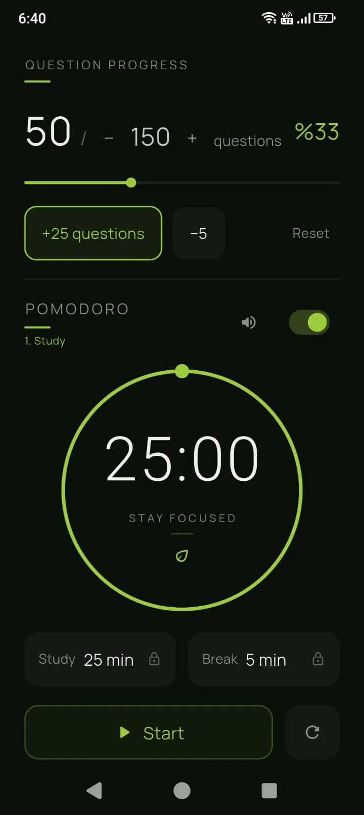 Study page — solved questions and a ready-made pomodoro