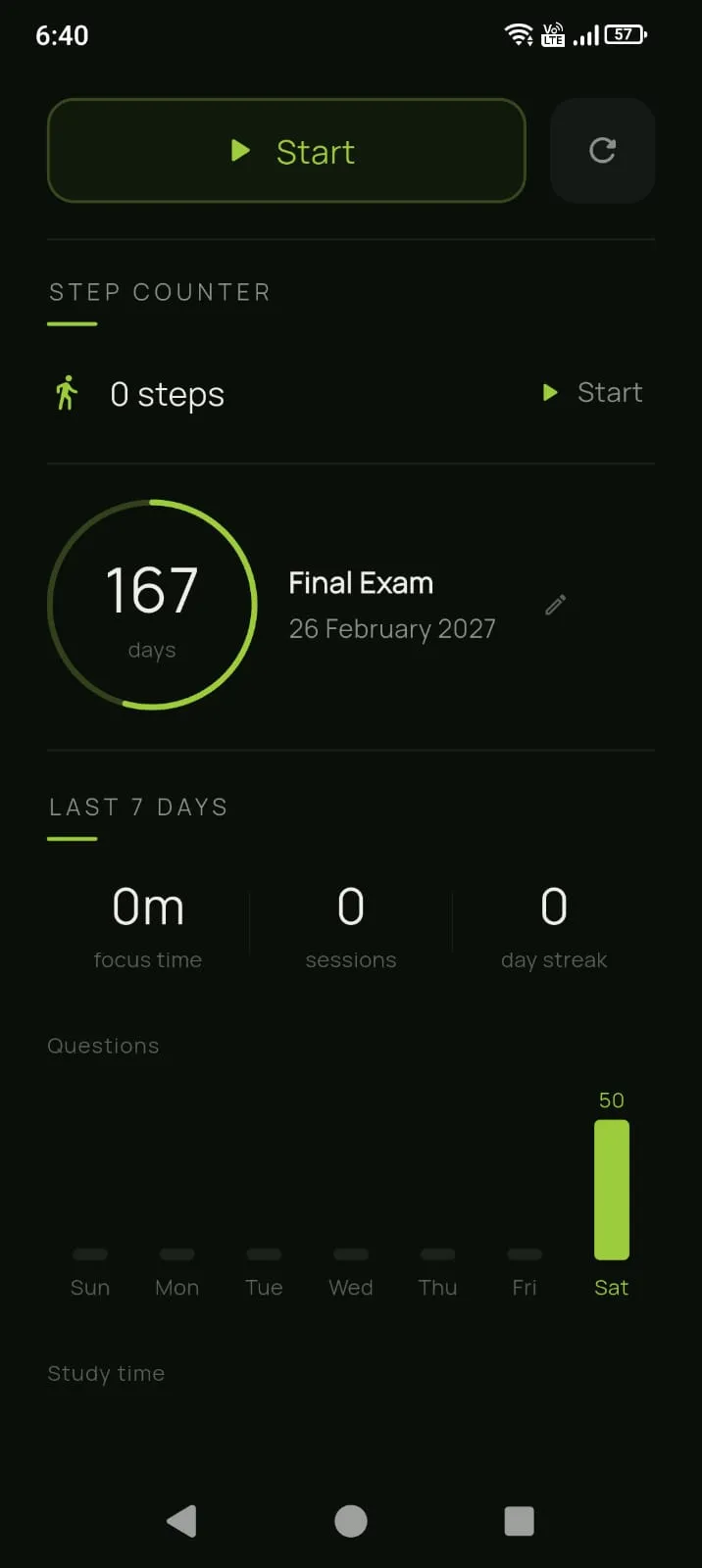 Step counter and days left until the exam