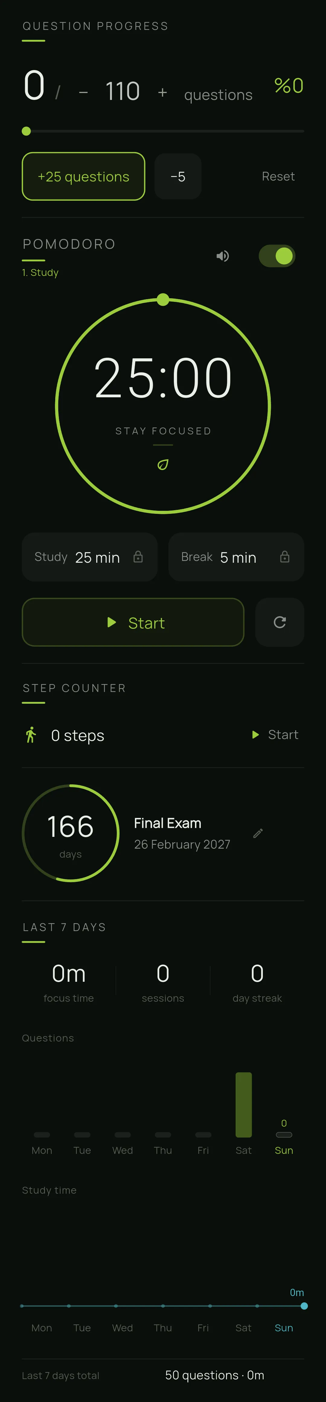 StillPhone study page: solved-question counter, pomodoro ring, step counter, days until the exam and weekly stats