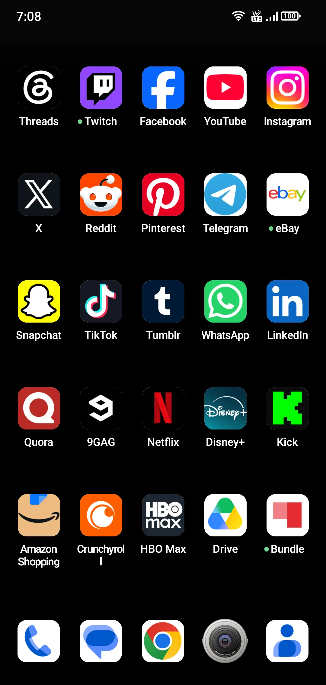 A cluttered Android home screen: twenty-five social, streaming and shopping app icons filling the grid